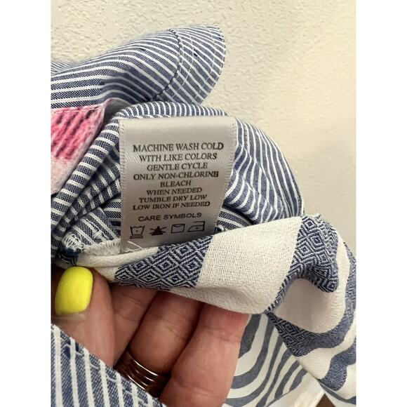 Vincente Tunic Top White Blue Sleeveless Floral Collar Hi Lo Hem Size Medium - Picture 11 of 16